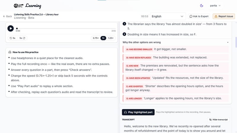 EEC IELTS learning portal — IELTS Listening module practice session featuring an embedded audio player, highlighted transcripts, and fill-in-the-blank questions