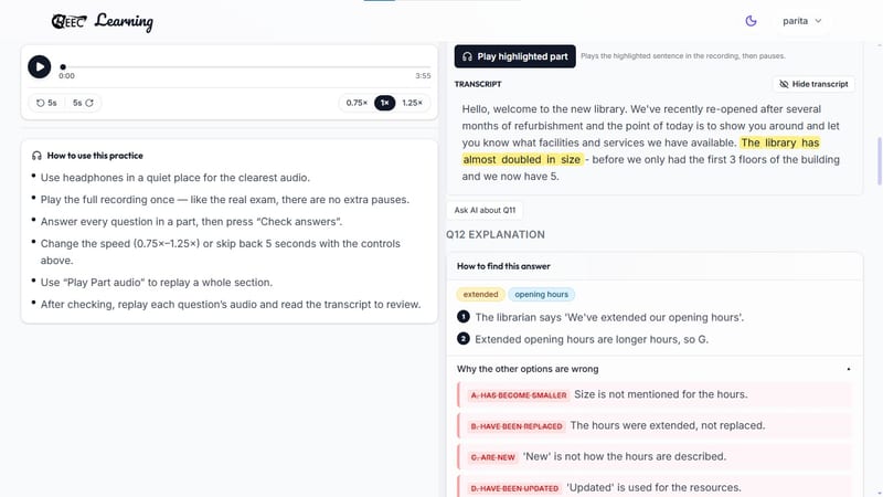 EEC IELTS learning portal — an interactive IELTS Listening practice session with an audio player, question panel, and step-by-step strategy tips