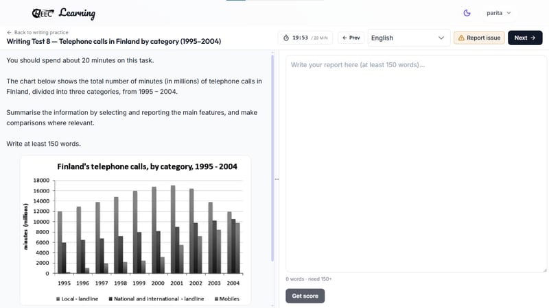 EEC IELTS learning portal — IELTS Writing Task 1 practice interface featuring a bar chart comparison, user text input, and an AI evaluation tool