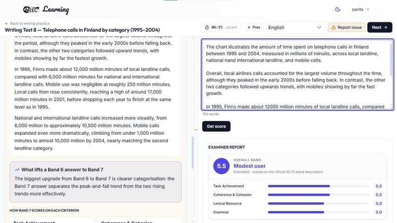 EEC IELTS learning portal — IELTS assessment criteria for Grammatical Range and Accuracy in Writing Task 1, outlining the specific grammatical expectations for bands