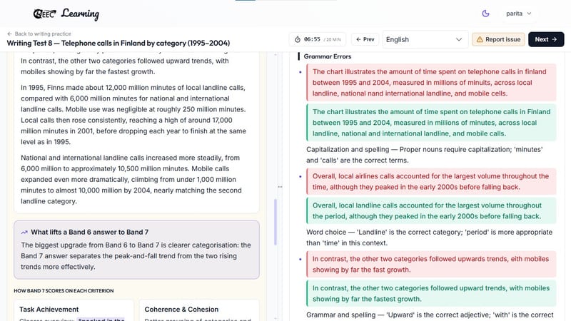 EEC IELTS learning portal — the detailed criteria and band descriptors for Task Achievement in IELTS Writing Task 1, outlining the specific requirements for how information must be selected and presented to earn band scores from 5 to 8