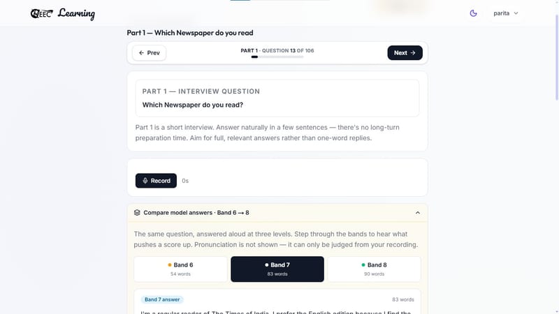 EEC IELTS learning portal — IELTS Speaking Part 1 practice environment, featuring a list of introductory topic prompts, an audio recorder, and an AI-driven feedback panel