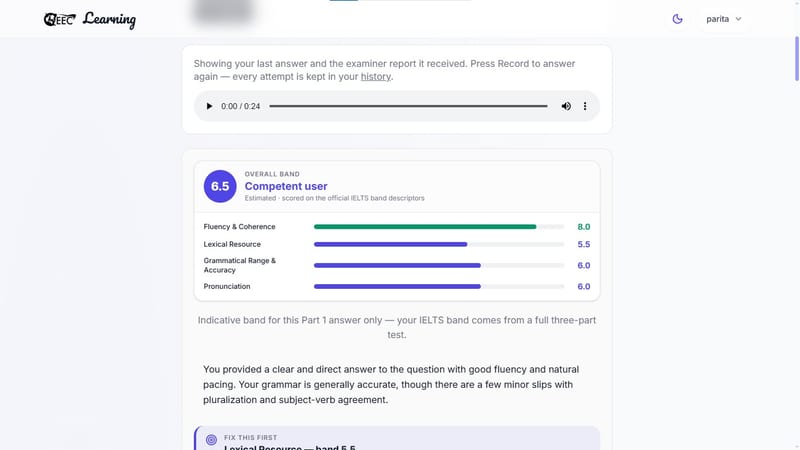 EEC IELTS learning portal — IELTS Speaking Part 1 practice session, delivering an automated overall band score alongside detailed performance analytics
