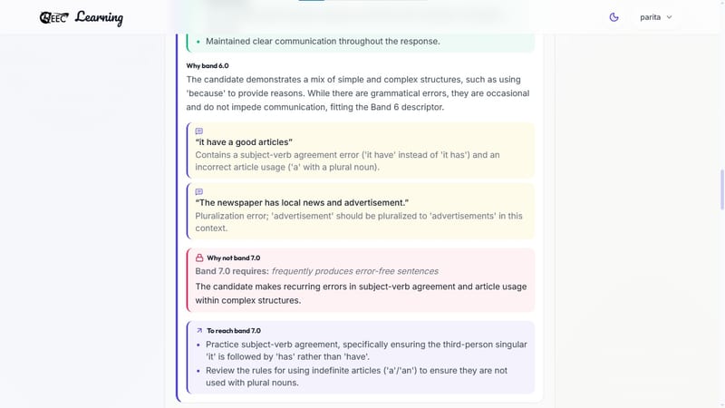 EEC IELTS learning portal — identifies your specific grammatical and pluralization errors in IELTS Speaking Part 1 and provides targeted advice on subject-verb agreement and article usage to help you advance from a Band 6.0 to a Band 8.0
