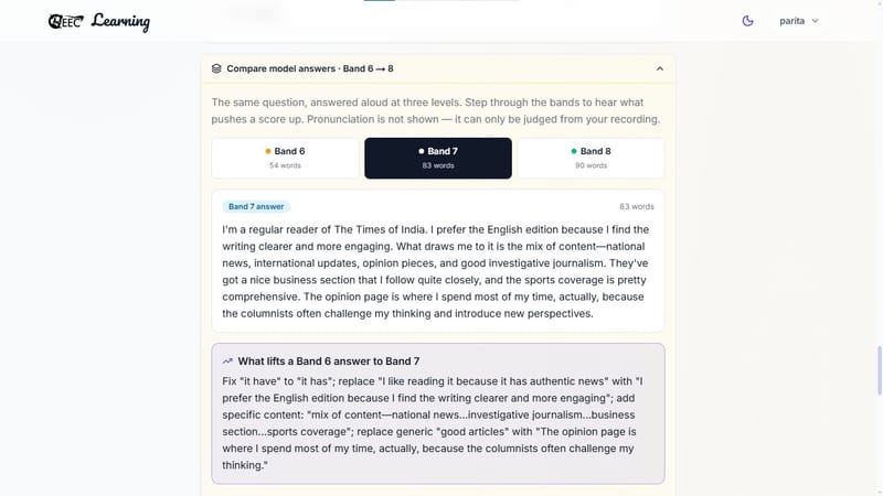 EEC IELTS learning portal — IELTS Speaking Part 1 model answer for Band 7 regarding newspaper reading habits, along with specific structural and vocabulary upgrades required to elevate a response from Band 6 to Band 8