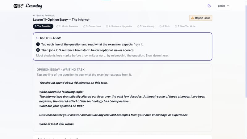 EEC IELTS learning portal — IELTS Writing Task 2 opinion essay prompt, offering guided tabs for a step-by-step learning process that covers question analysis, model answers, error corrections, and vocabulary expansion