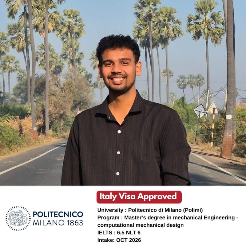 EEC IELTS student scored 6.5 overall and got their Italy student visa for the Master's in Mechanical Engineering at Politecnico di Milano