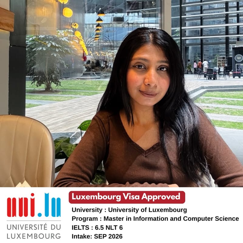 EEC IELTS student scored 6.5 overall and got their Luxembourg student visa for the Master in Information and Computer Science at the University of Luxembourg