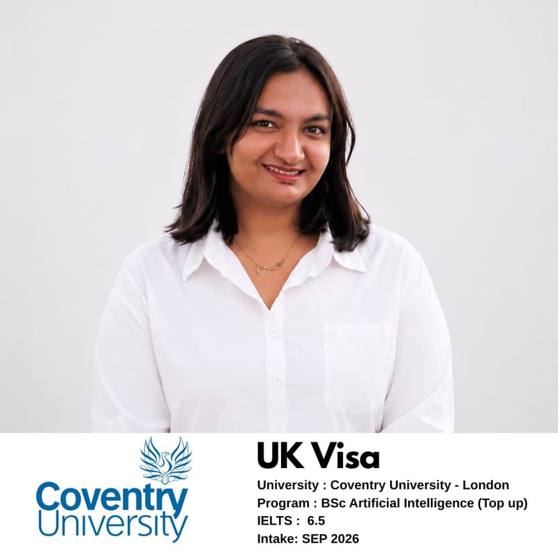 EEC IELTS student scored 6.5 overall and got their UK student visa for BSc Artificial Intelligence (Top-up) at Coventry University London
