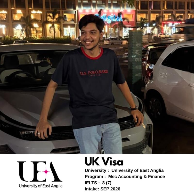 EEC IELTS student scored 8 overall and got their UK student visa for MSc Accounting and Finance at the University of East Anglia