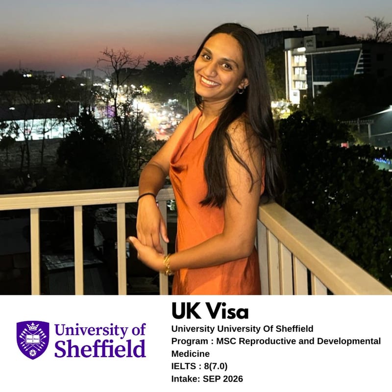 EEC IELTS student scored 8 overall and got their UK student visa for MSc Reproductive and Developmental Medicine at the University of Sheffield