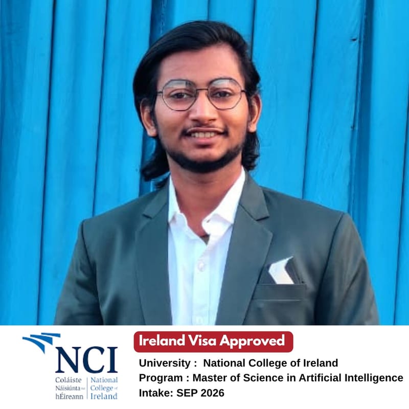 EEC student's Ireland student visa approved — National College of Ireland, Master of Science in Artificial Intelligence, September 2026 intake