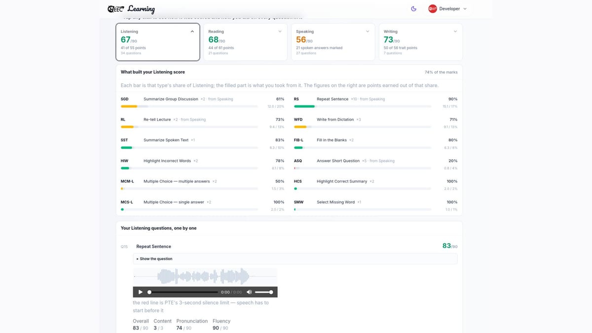 PTE listening score breakdown in the EEC portal showing how each question type contributed to the Listening score, with a Repeat Sentence answer played back against PTE three-second silence limit