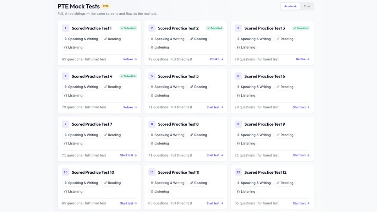 PTE Mock Tests screen in the EEC portal listing twelve full timed scored practice tests covering Speaking and Writing, Reading and Listening