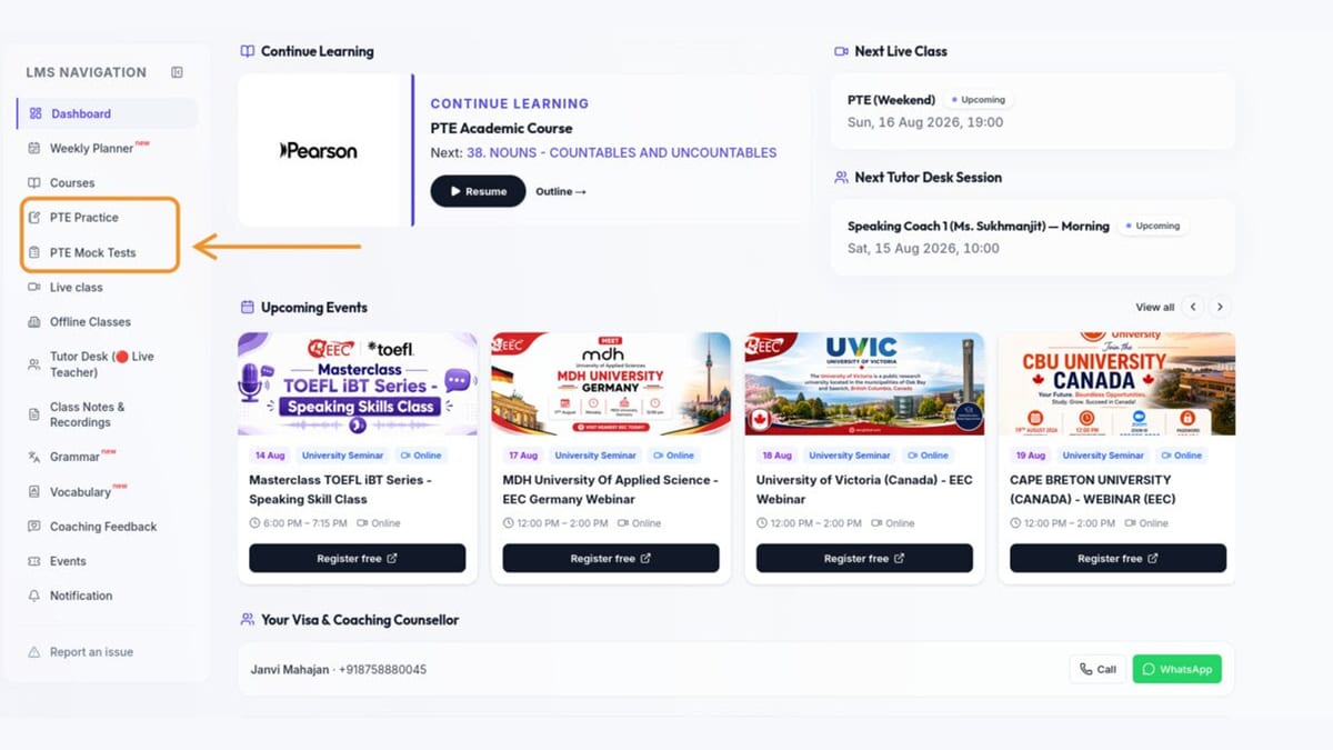 EEC Learning student dashboard showing the PTE Academic course to resume, the next live class, the next Tutor Desk session, upcoming webinars and the assigned counsellor