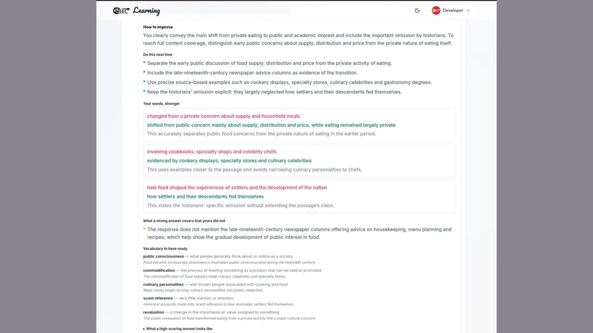 AI written feedback in the EEC PTE portal rewriting a Summarize Written Text answer phrase by phrase, with what a strong answer covers and vocabulary to have ready