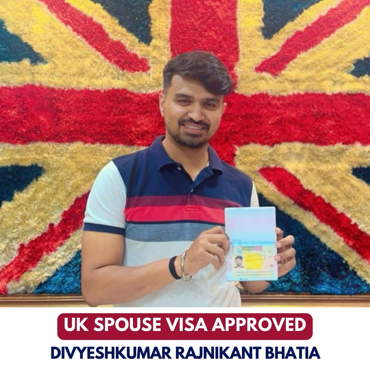 EEC applicant Divyeshkumar Rajnikant Bhatia holding their passport after their UK spouse visa was approved