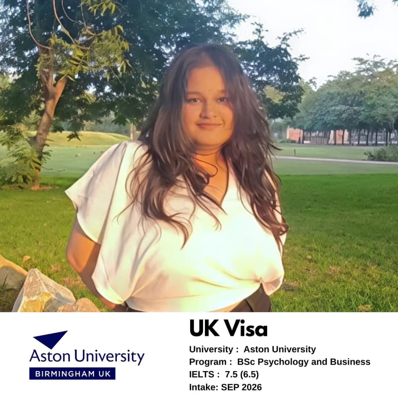 EEC student's UK student visa approved — Aston University Birmingham, BSc Psychology and Business, IELTS 7.5 overall, September 2026 intake