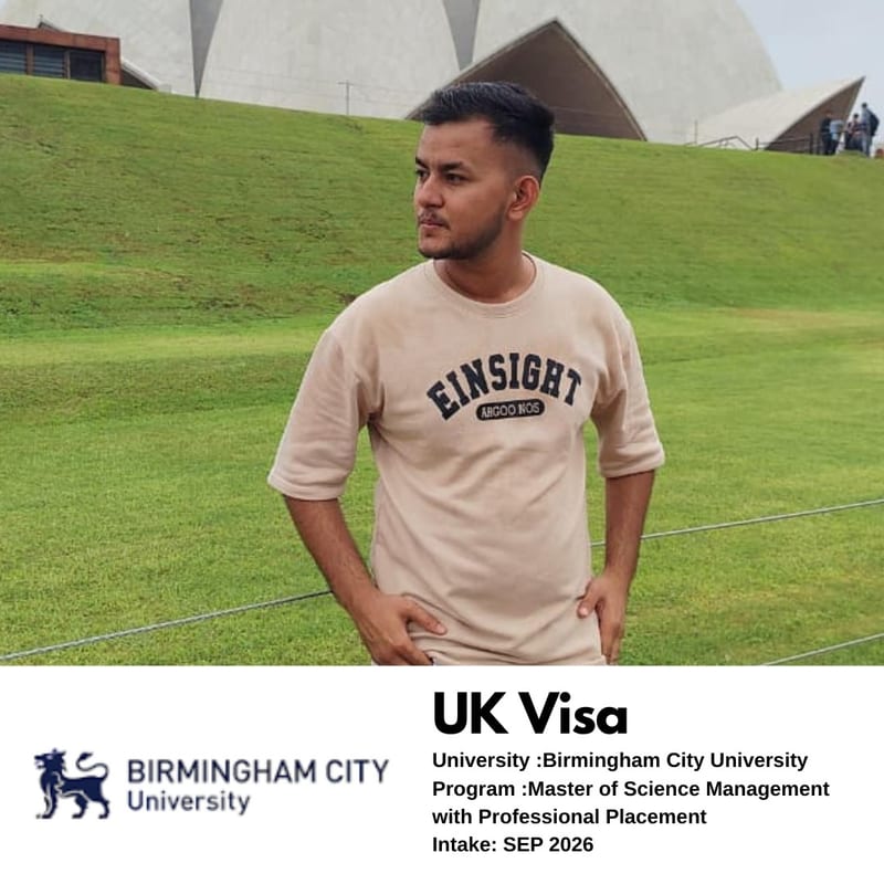 EEC student's UK student visa approved — Birmingham City University, MSc Management with Professional Placement, September 2026 intake