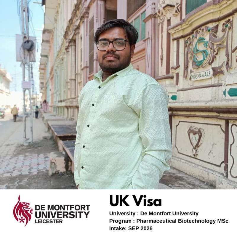 EEC student's UK student visa approved — De Montfort University Leicester, MSc Pharmaceutical Biotechnology, September 2026 intake