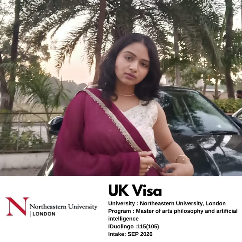 EEC student's UK student visa approved — Northeastern University London, MA Philosophy and Artificial Intelligence, Duolingo 115, September 2026 intake