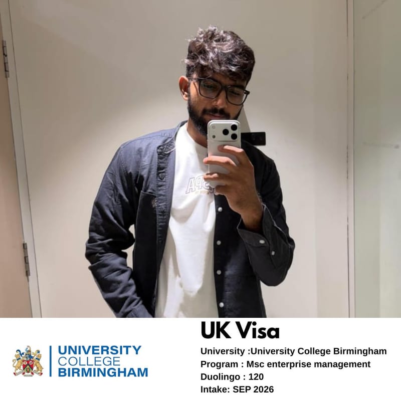 EEC student's UK student visa approved — University College Birmingham, MSc Enterprise Management, Duolingo 120, September 2026 intake