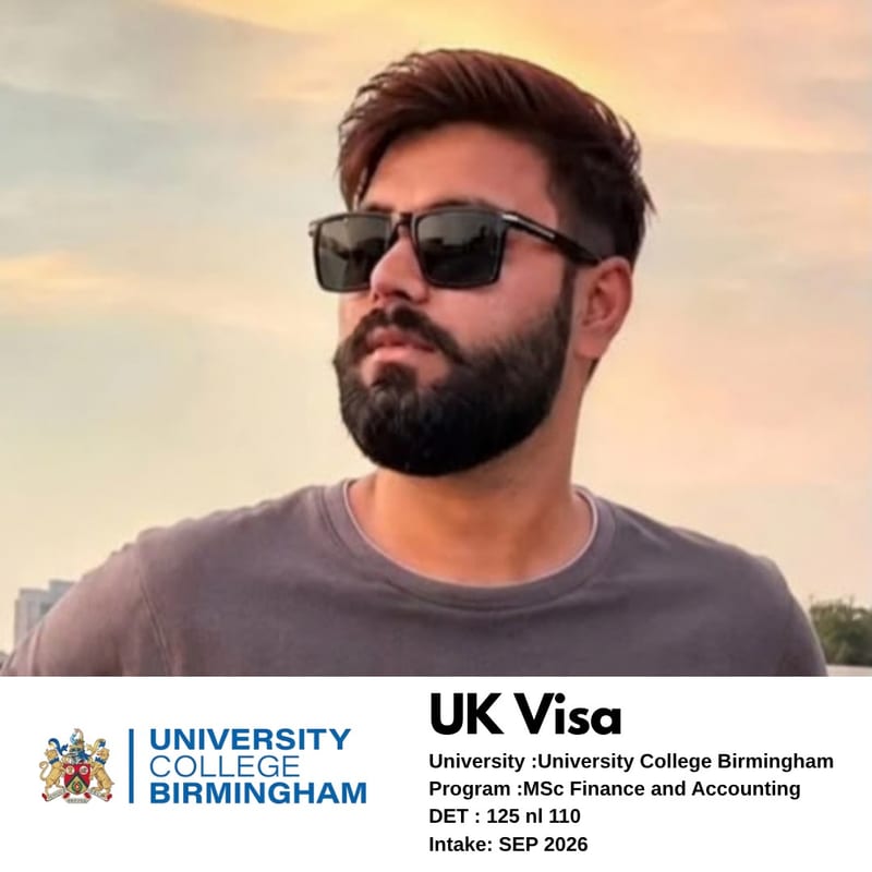 EEC student's UK student visa approved — University College Birmingham, MSc Finance and Accounting, Duolingo 125, September 2026 intake