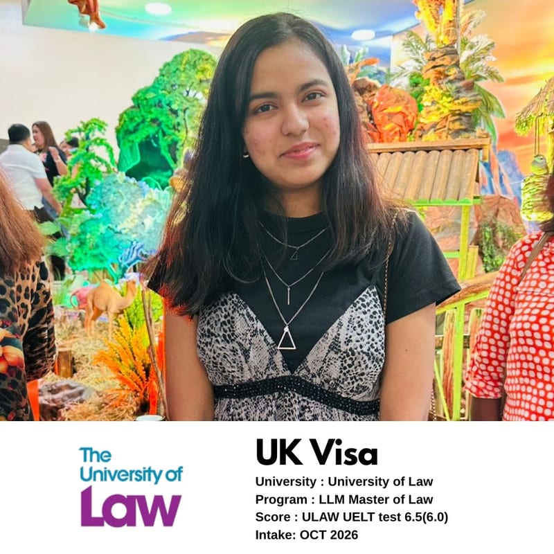 EEC student's UK student visa approved — The University of Law, LLM Master of Laws, ULaw UELT 6.5, October 2026 intake