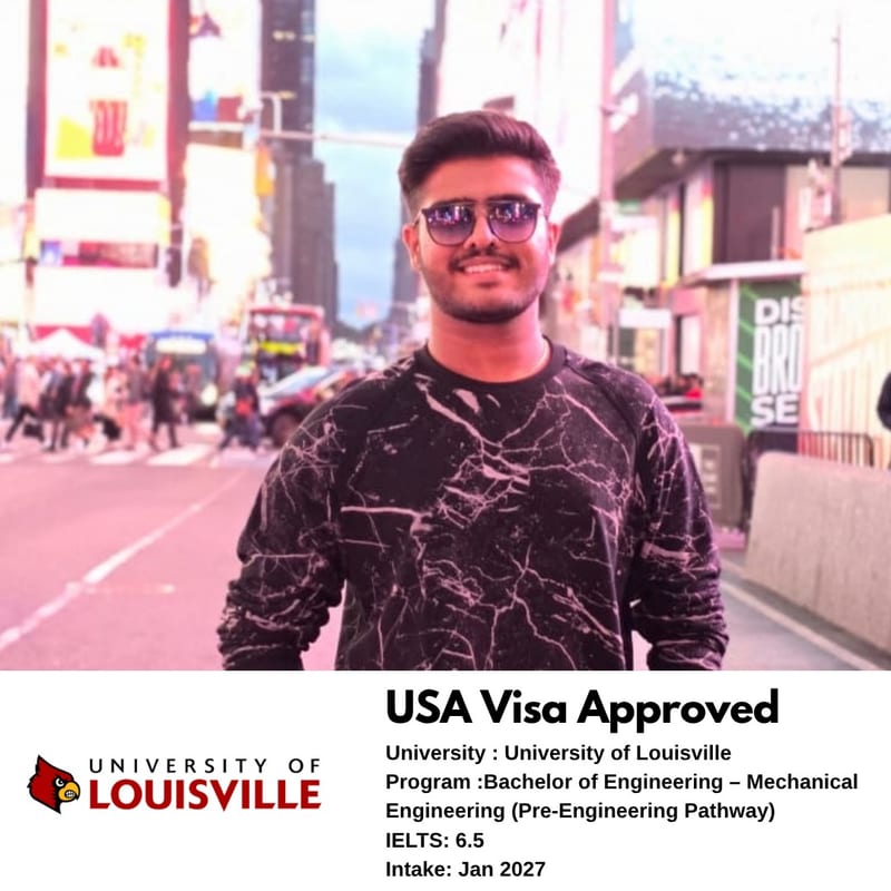 EEC student's USA student visa approved — University of Louisville, Bachelor of Engineering in Mechanical Engineering (Pre-Engineering Pathway), IELTS 6.5, January 2027 intake